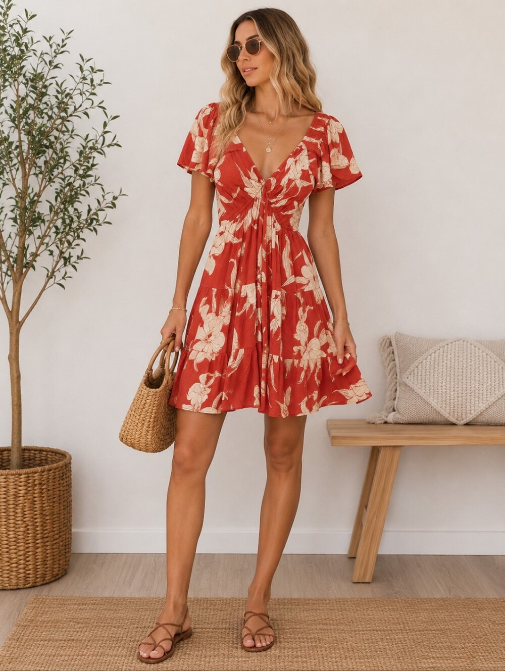 Angie Coral Floral Mini Dress Flutter Sleeve Boho Cottagecore Medium